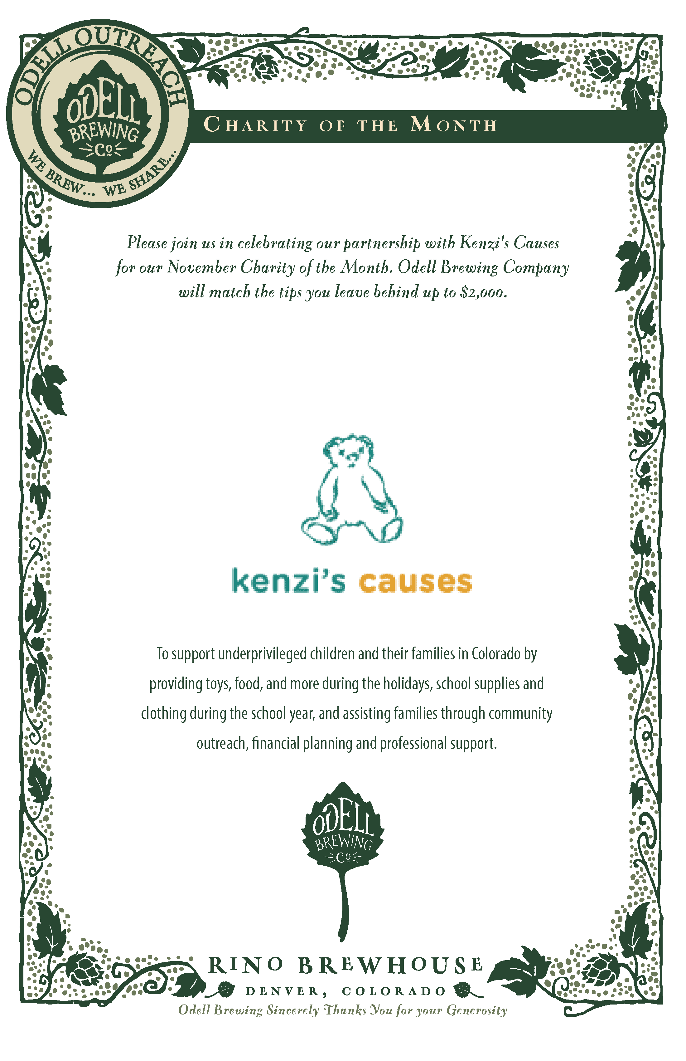 Odell Brewing RiNo Brewhouse supports Kenzi's Causes in November
